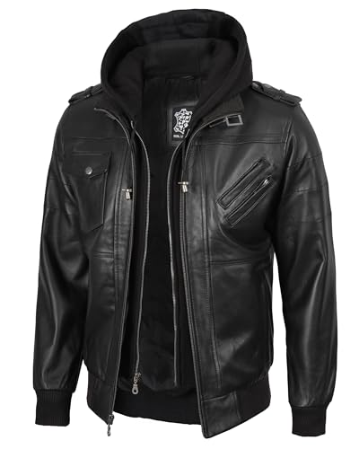 fjackets Blouson bomber en cuir véritable – Col montant décontracté avec capuche amovible | [1100165] Edinburgh Black, XL