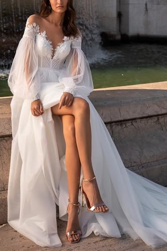 Womens Tulle A Line Wedding Dresses for Bride with Sleeves V Neck Lace Applique Wedding Gown Long Bridal Dress3