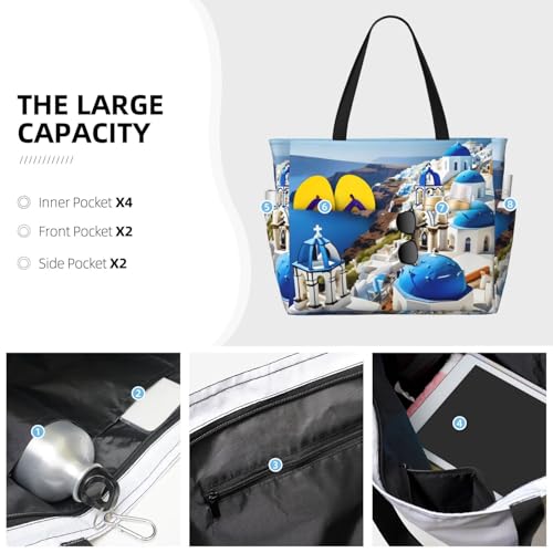Greek Island Sea View Print Beach Tote Bag Large Travel Bag With Zipper And Pockets Lightweight Gym Bag3