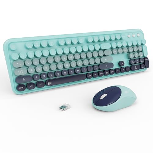 Image of Wireless Keyboards Mouse Combos, Colorful Cute Typewriter Full-Size Retro Round Keycaps, 2.4GHz Cordless Connection Sleep Mode Office Wireless Keyboard and Mouse Set for Desktop Laptop PC Computer