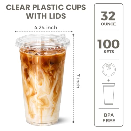 Image of Ginkgo 50 Pack 32 oz Clear Plastic Cups with Strawless Sip Lids