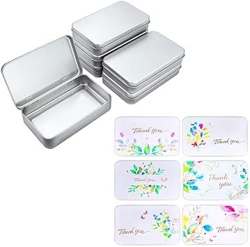 Rectangular Silver & White Metal Tins with Lids Bundle, 5.9 x 3.5 x 1.2 inches