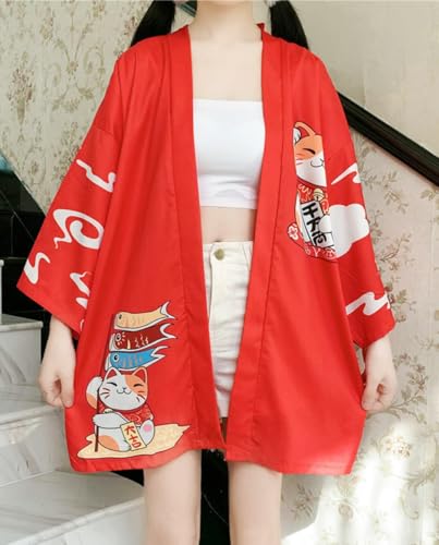 Image of LAI MENG FIVE CATS Women's Lucky Cat Cardigan Kimono Loose Cover up Casual Blouse Cute Tops