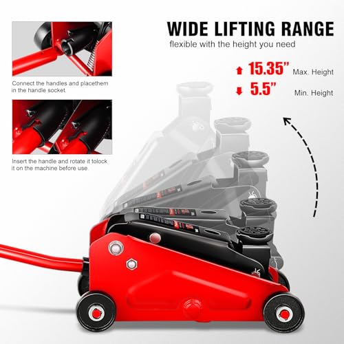 Image of DNA Motoring Low Profile Hydraulic Trolley Service /Floor Jack, 1.5 Ton (3000 lbs) Capacity, Lifting Range 5.5 inch-15.35 inch,Red, TOOLS-00675-RD