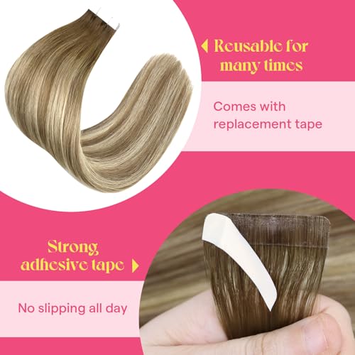 Image of Ve Sunny Hair Tape in Hair Extensions Brown with Blonde | Smooth Soft Tape Hair,Easy to Maintain,16Inch 50g 20Pcs,for Daily Wear