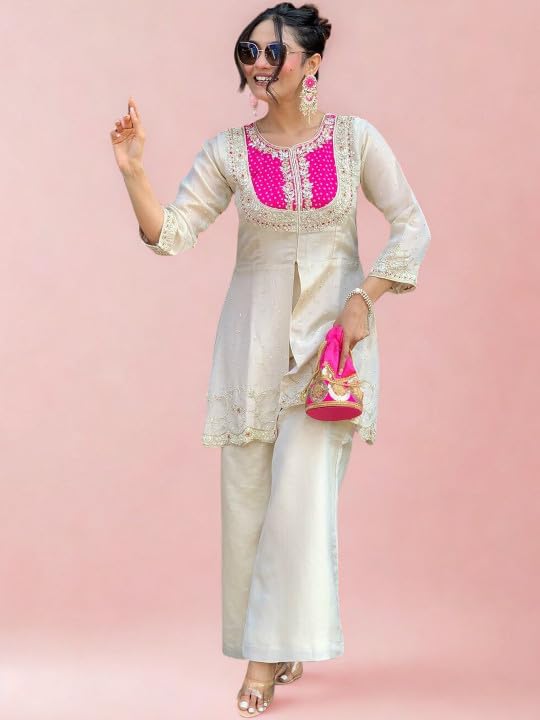 Image of Wedding Outfit For Women Embroidered Shrara Set For Women Designer Silk Kurta With Sharara Pants Festive Ethnic Wear Traditional Outfit For Celebrations Functions Ceremonies And Gatherings