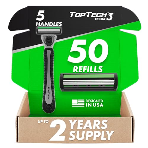 TopTech PRO 3カミソリ 男性用 - 手動シェービングカミソリ リフィル付き - 55本パック (ハンドル5個 + 交換可能なカートリッジ50個) - 3枚刃テクノロジー - ソフトシェーブ