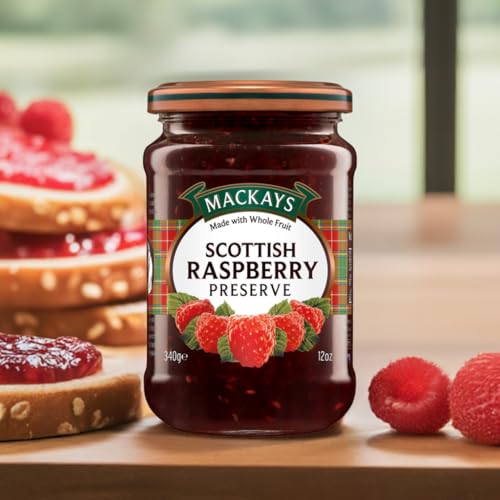 Mackays Scottish Raspberry Preserve Jam 340gm | Imported from Scotland | Made with Whole Fruits | Vegan | Gluten-Free | No Artificial Colors or Preservatives