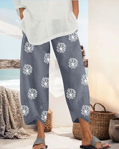 Cotton Linen Casual Summer Capri Pants for Women Printed Waist Wide Leg Palazzo Cropped Baggy Trousers with Pockets3