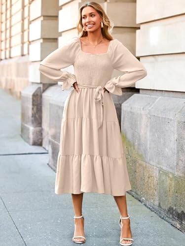 Image of Simplee Womens Long Sleeve Maxi Dress Casual Square Neck Smocked Flowy Fall Wedding Guest Dresses