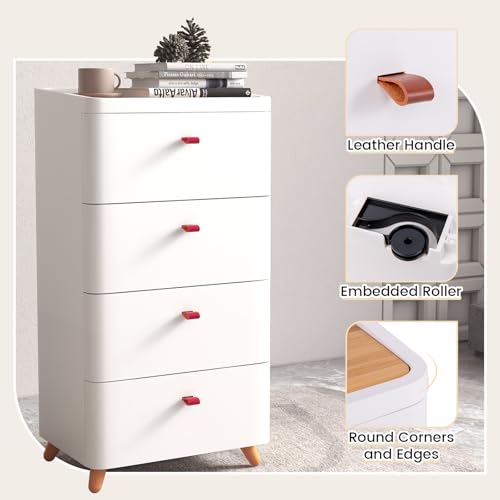 COSTWAY Chest of Drawers, 4-Drawer Dresser Storage Cabinet with Bamboo Top, Solid Wood Legs Freestanding Narrow Chest Cupboard Organiser Unit for Bedroom, Living Room, Closet and Hallway, White - Image 6