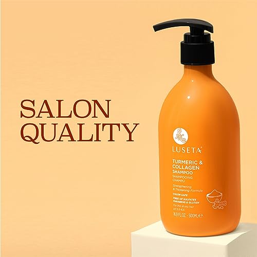 Image of LUSETA Turmeric Collagen Shampoo for Fuller Looking Hair, 16.9 oz | Fine or Oily Hair Care, Fuller-Looking Volume, Turmeric Collagen Blend, Color-Safe Wash, Sulfate-Free Formula