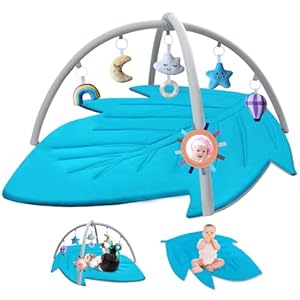 Baby Activity Gym Play Mat, Leaf-Shaped Tummy Time Mat with Detachable Arches, Newborn to Toddler Developmental Toy for Lying, Sitting & Sensory Play (Machine Washable)