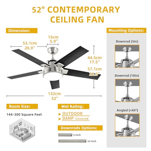 DWVO Ceiling Fan with Light and Wall Switch Remote, Quiet Reversible Motor, Dimmable LED Color, Memory Function for Bedroom Living Room Patio Indoor Outdoor, 52 Inch Modern Silver & Black Fan,