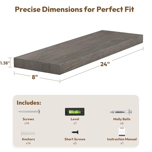 Image of Vivelove Elm Wood Floating Shelf 24x8 inch Set of 2, Grey