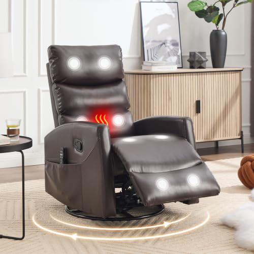 Image of Manual Swivel Rocker Recliner Chair for Adults, Overstuffed Reclining Glider Chair for Nursing with Vibration Massage & Heat, Living Room Rocking Recliner 3-Stage backrest, Faux Leather Brown