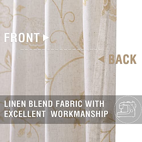 Lazzzy Semi Sheer Beige Curtains Gold Floral Embroidered Curtains Linen Textured Sheer Privacy Curtains Farmhouse Cottagecore Grommet Window Drapes for Living Room Bedroom 63 Inch Long 2 Panels