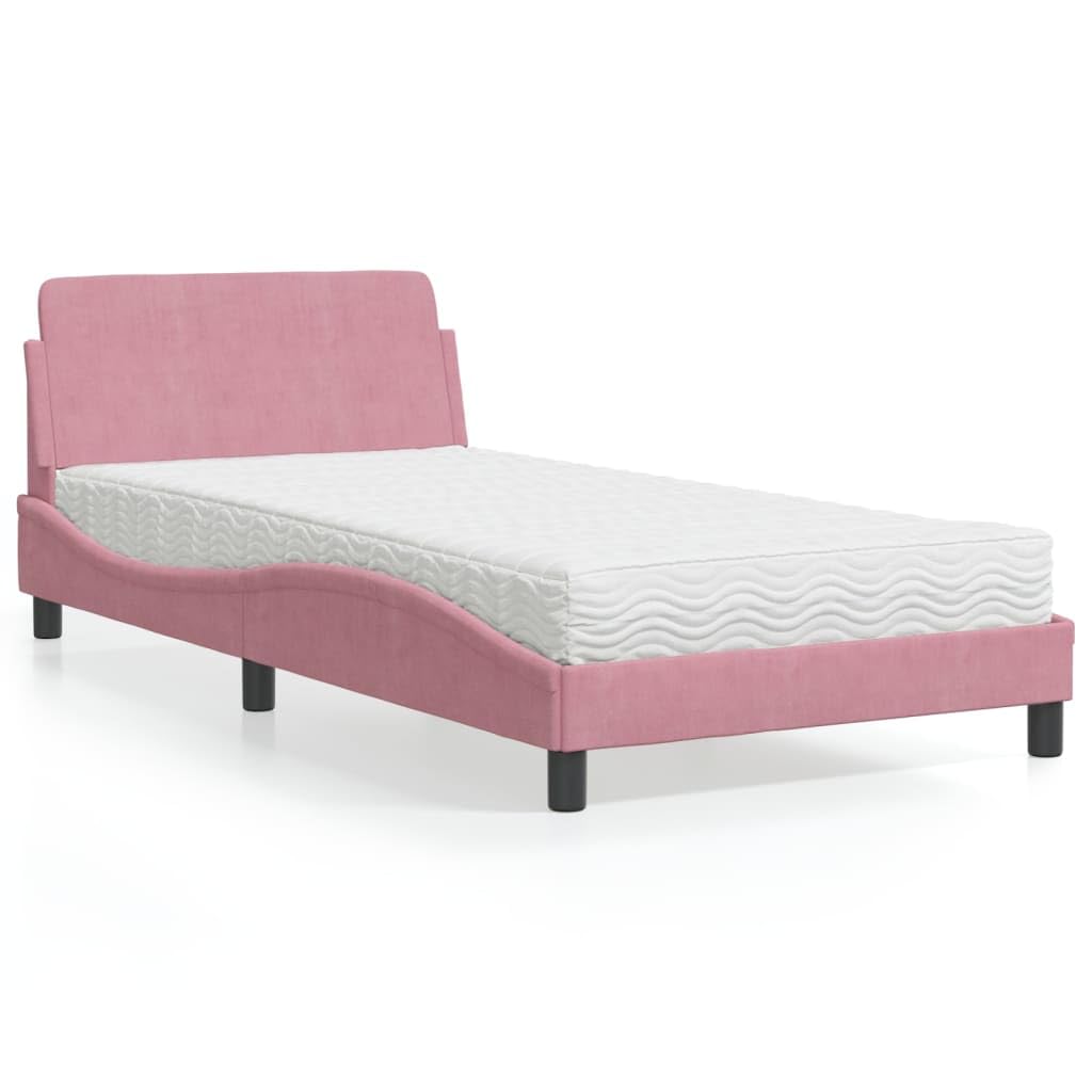Cama infantil rosa Dover con colchón de 100x200 cm y cabecero de terciopelo ondulado