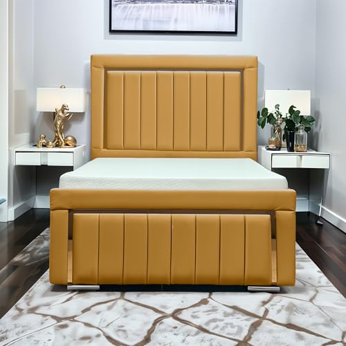 Image of Living Comfort Princess Plush Velvet Bed Frame with Tall Panel Headboard & Gold Trim, 6FT Super King Slat Base, Mustard, No Mattress