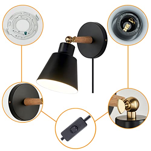 Clankin Plug In Wall Sconces Lighting Fixture, Black Nordic Wooden Bedside Wall Lamp For Industrial Bedroom, Bathroom Sink Lighting For Bathroom Hallway Living Room(1Pack-Black With Plug In Swtich) #TOP5