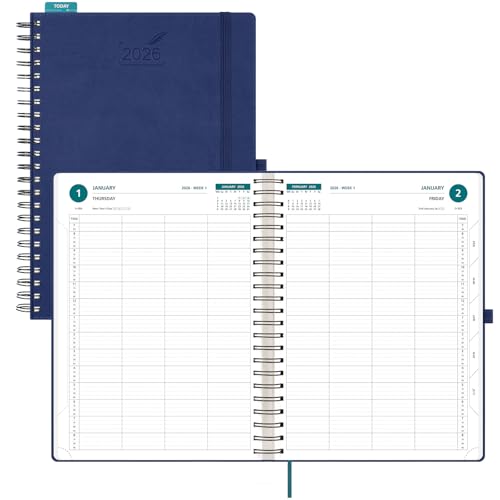 BEZEND A4 Diary 2026 Day per Page Spiral runs from Jan to Dec 26, Daily Planner with 15 Minutes Intervals, Large Appointment Book with Monthly Tabs & Pocket, Vegan Leather Softcover, Blueberry