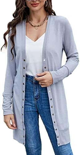 Halife Women's Long Sleeve Cardigan Sweaters Snap Button Open Front Knit Ribbed Neckline Cardigans