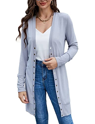 Halife Women's Long Sleeve Cardigan Sweaters Snap Button Open Front Knit Ribbed Neckline Cardigans