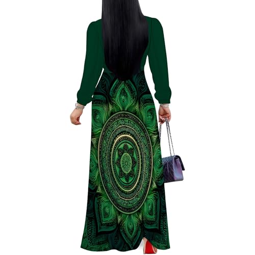 Image of Women's Plus Size Maxi Dresses Long Sleeves V Neck Floral Print Bohemian Swing Long Dress with Belt