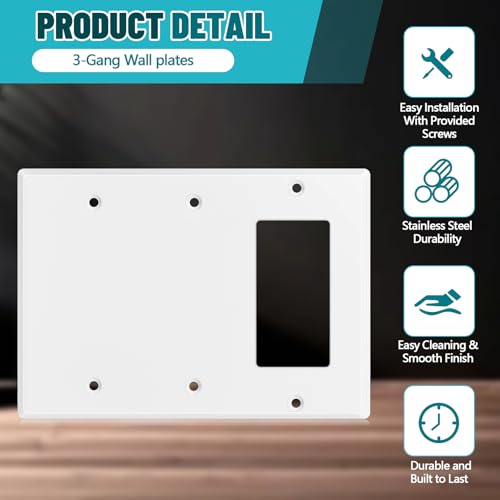 Kingdder 1 Pcs 3-gang1-decorator 2-blank Wall Plate Standard Size Stainless Steel White Light Switch Plate Gloss Finish Size 3-gang 4.50" x 6.38" Corrosion-resistant Gfci Outlet Receptacle by Kingdder - Image 3