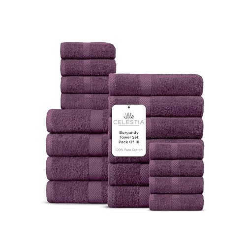 Image of Villa Celestia 18-Piece 100% Cotton Towel Set, 4 Bath Towels, 6 Hand Towels, 8 Wash Cloth, Quick-Dry, Burgandy