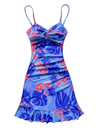 Image of Floerns Women's Summer Tropical Twist Front Ruched Ruffle Hem Bodycon Cami Dress