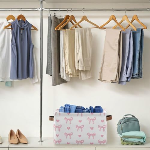 Image of Aslsiy Storage Basket Cute Coquette Pink Bow Nursery Bins White Baby Box Canvas Clothes Shelf Basket Laundry Hamper 2 Pcs