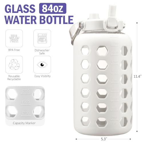 Image of MUKOKO 84 oz Glass Water Bottle, Stainless Steel Handle, White