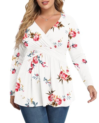 TIANZHU Women's Plus Size V Neck Tunics Tops, F Rose White, 2XL