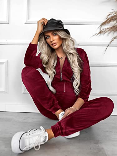 Ekouaer Ladies Velvet Full Zip Sweatshirt Fleece Athletic Pocket 2 Pc Tracksuit Set Wine Red L #TOP2