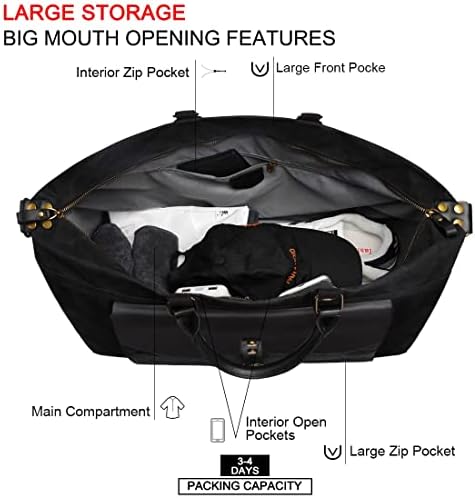 Travel Duffel Bags Weekender Bag Waterproof Waxed Canvas Genuine Leather Duffle Bags Large Carry On Bag Overnight Bag for Women Men in Black 2 Travel Duffel Bags Weekender Bag Waterproof Waxed Canvas Genuine Leather Duffle Bags Large Carry On Bag Overnight Bag for Women Men in Black