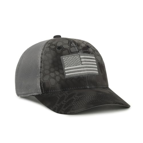 Image of Camouflage Flag Patch Trucker Hat - Cotton Canvas, Mesh Back, Structured High Crown, Plastic Snap Closure, One Size