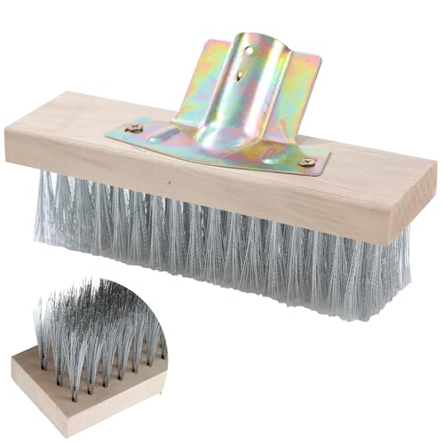 TOPWAY Besenkopf aus Edelstahldraht, 20 cm, mit Holzrücken und verzinkter Halterung, für den Außenbereich, Garten, Boden, Deck, Kehren, Unkraut, Pflaster, Terrasse, Wege