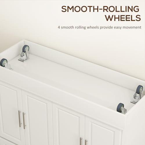 HOMCOM Rolling Kitchen Island Cart with Wheels, Portable Island Table for Kitchen with Stainless Steel Top, Adjustable Shelves, 2 Drawers, Spice, Knife and Towel Rack, Cream White