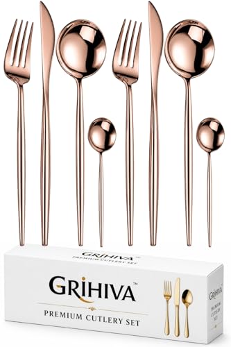 Image of 8 Pcs Rosegold Slim Handle Stainless Steel Cutlery Set for Dining Table with Spoons and Forks Set + Butterknives - The Perfect Tableware /Flatware