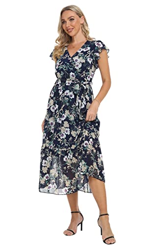 Image of VintageClothing Womens Sundress Casual Floral Summer Boho Dress | Flowy Wrap V Neck Ruffle A-Line Pleated Hem Midi Dresses
