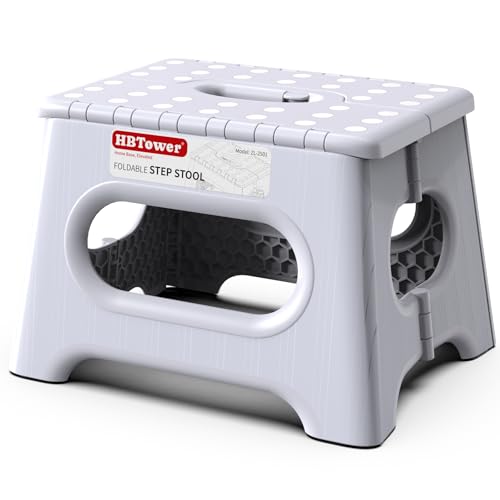 Image of HBTower Folding Step Stool 9 Inch - Holds 600 lb, Non-Slip Surface & Carry Handle - Sturdy Step Stool for Kids, Toddlers & Adults - Compact Foldable Foot Stool for Kitchen, Bathroom, Bedroom(White)
