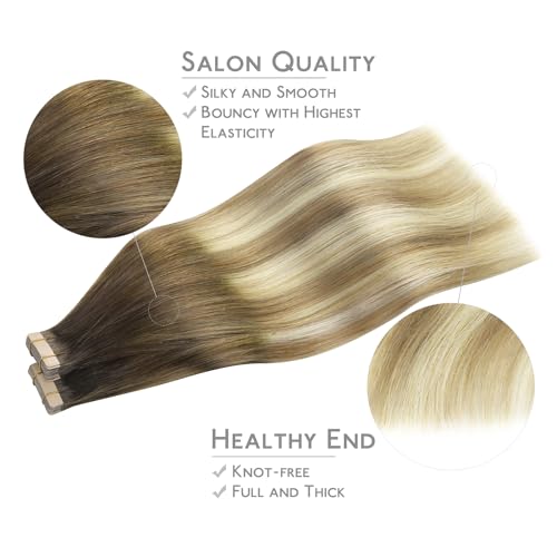 Image of WENNALIFE Tape in Hair Extensions Human Hair, 40pcs 120g 26 inch Ombre Walnut Brown to Ash Brown and Bleach Blonde Hair Extensions Real Human Hair Straight