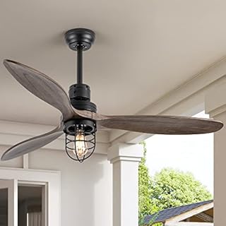 WWM 52 Inch Rustic Outdoor Ceiling Fan with Light and Remote, 3 Wood Blades, Include Bulbs, Modern Black Farmhouse Industrial Ceiling Fan with Light for Outdoor Ceiling Fans for Patios Bedroom