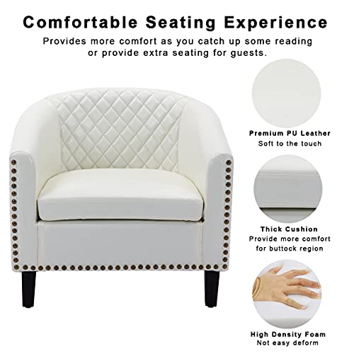 Modern Accent Barrel Chair, Rhombus Armchair With Nail Head, Tub Rivet Chair With Wood Legs, Faux Pu Leather Club Sofa Side Chair For Living Room, Bedroom, Home Office (Bright White + Pu) #TOP2