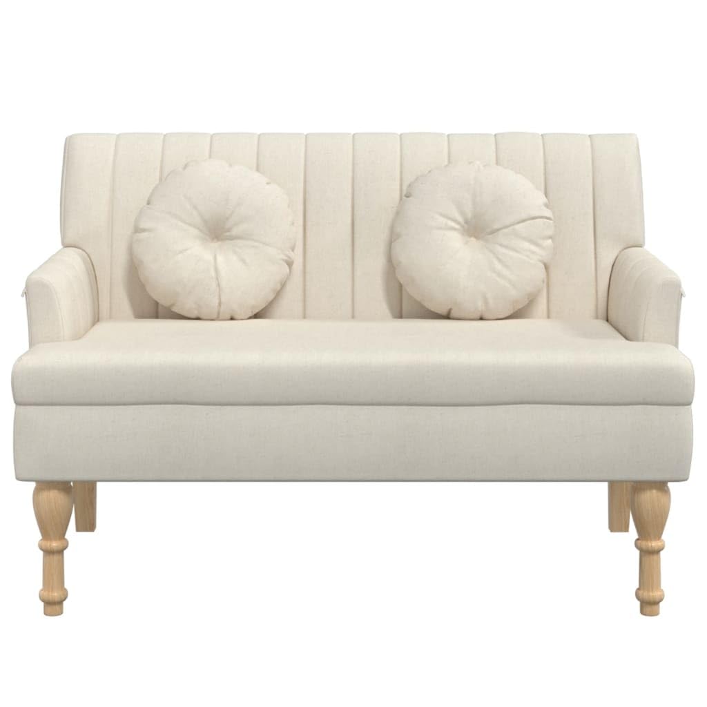 Banco de lino con cojín, 113 x 64,5 x 75,5 cm, elegante banco de tela de lino transpirable y madera de caucho maciza para salón y oficina