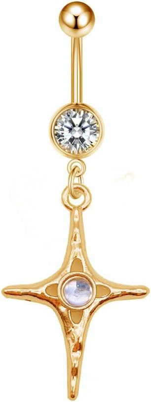 14G Stainless Steel Dangle Belly Button Rings for Women Dainty CZ Four-Pointed Star Belly Rings Navel Body Piercing Jewelry