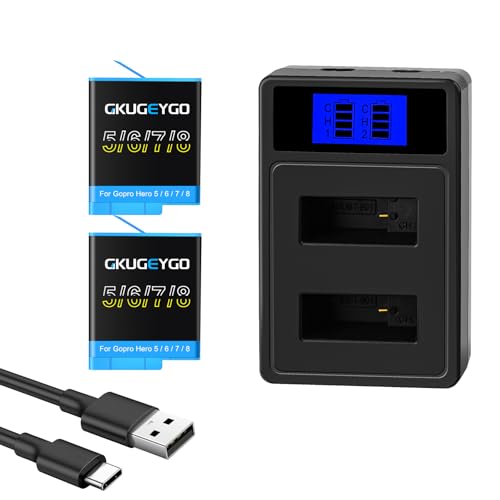GKUGEYGO Rechargeable Battery Charger Kit Compatible with Gopro Hero 8/7/6/5 Black 2-Pack Batteries and Dual Channel USB Charger Combo