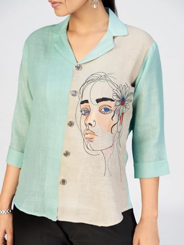 Image of Makhhi Wear Trendy Women's Sea Green & Beige Sketch Embroidered Casual Shirt for Women