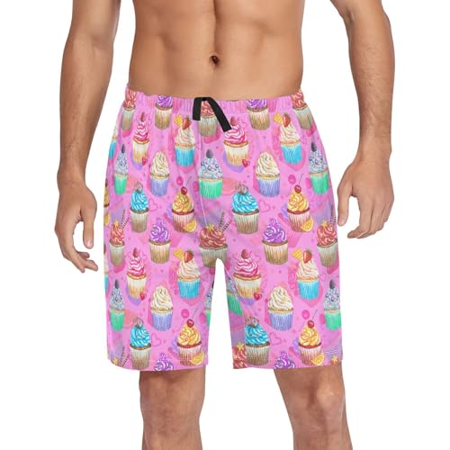 susiyo Watercolor Pink Cupcakes Men's Pajama Shorts Soft Comfy Pajama Bottoms Lounge Sleep Shorts Sleepwear with Pockets